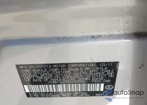 2011 Lexus Es 350 из США, поврежденный, VIN JTHBK1EG7B2449356